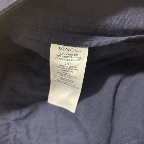 VINCE Pants Women’s Large Navy Blue Linen Blend Wide Leg Pleated Pull On Trouser - Picture 7 of 8